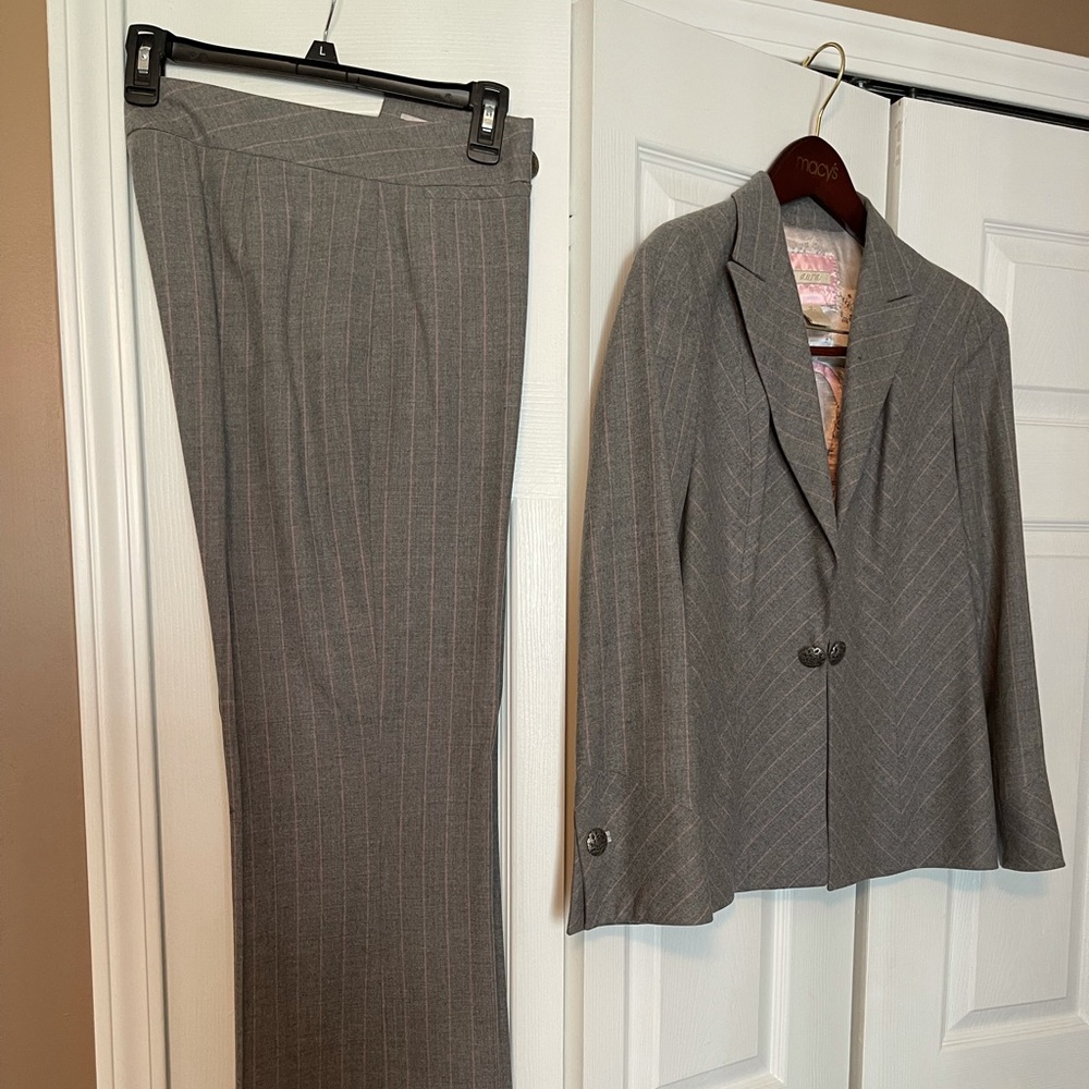 Custom Grey w pink pinstripe suit and Breast cancer ribbon inside jacket